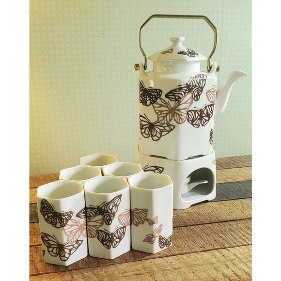 Tea Set Teapot Warmer Sato Gordon Collection Six Cups Brown Gold Butterflies - Picture 1 of 14